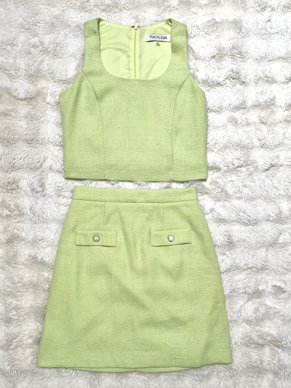 NWT Taylor Lime Green Tweed Two-Piece Skirt & Top Set